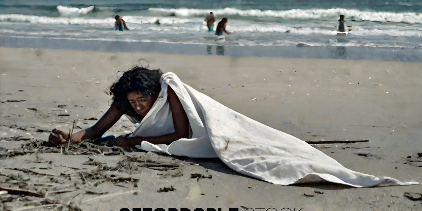 A woman in a white sheet on the beach