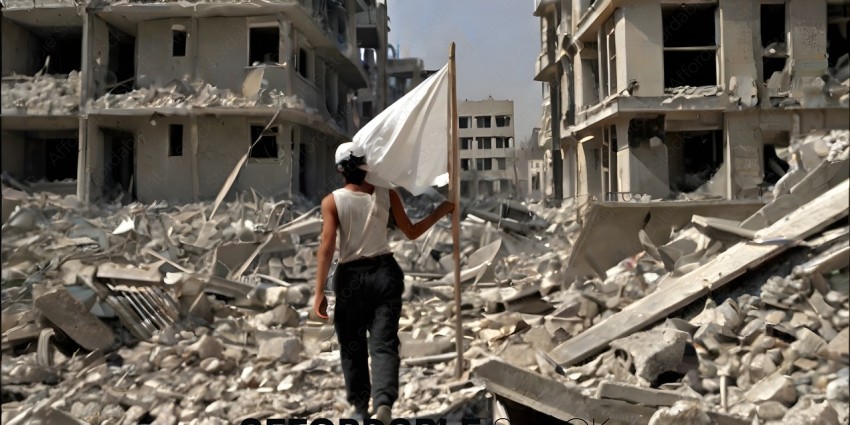 A man walks through rubble carrying a white flag