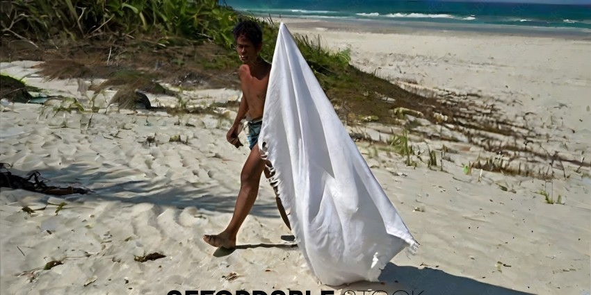 Man carrying a white cloth on the beach