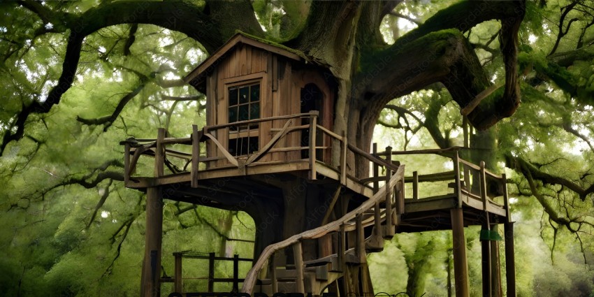 A tree house with a wooden roof and a ladder