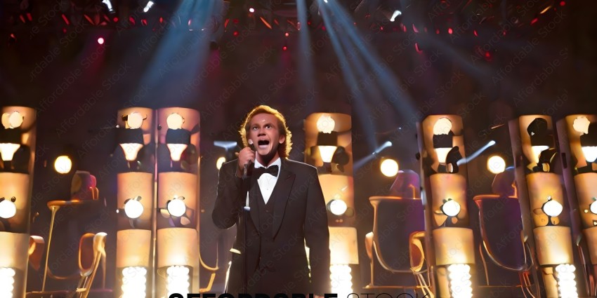 A man in a suit singing into a microphone