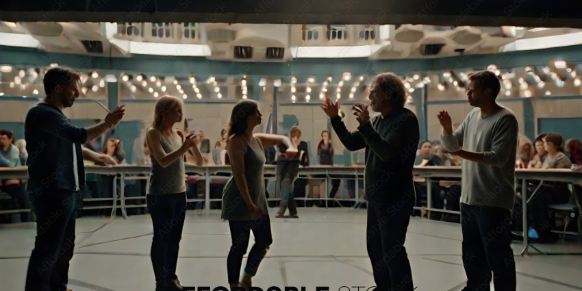 A man and two women are dancing in a room