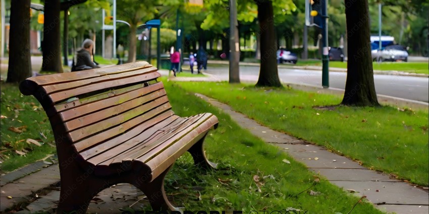 A bench in a park with people walking by