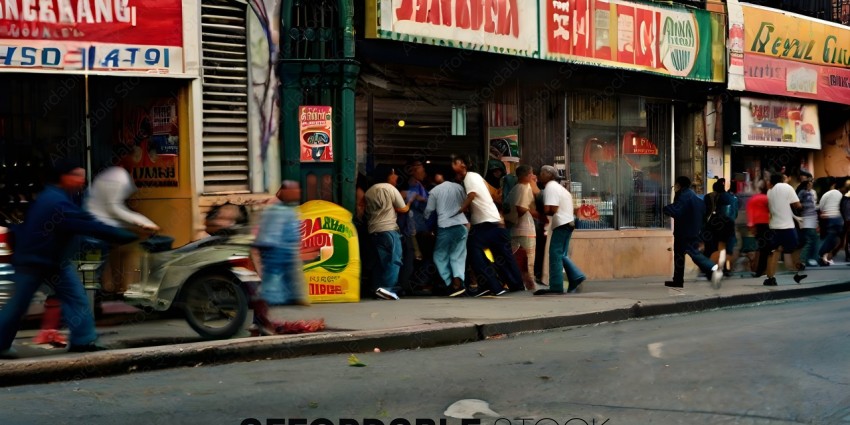 A group of people are gathered around a storefront
