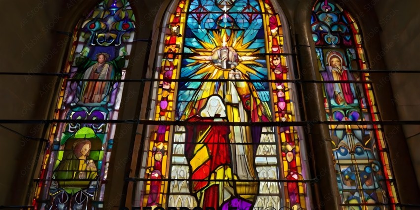 A stained glass window of a religious figure