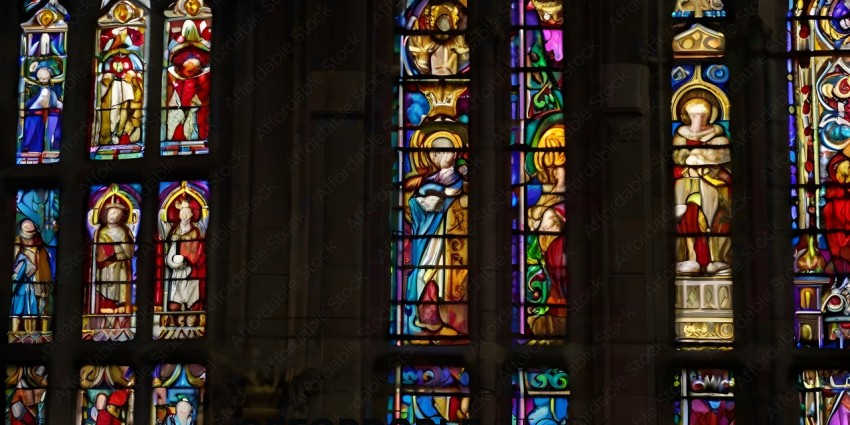A stained glass window with a religious theme