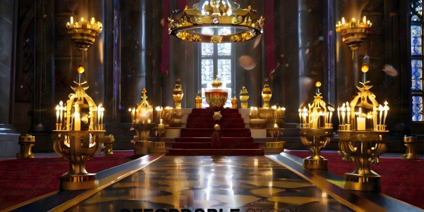 A grand hall with a throne and a large chandelier