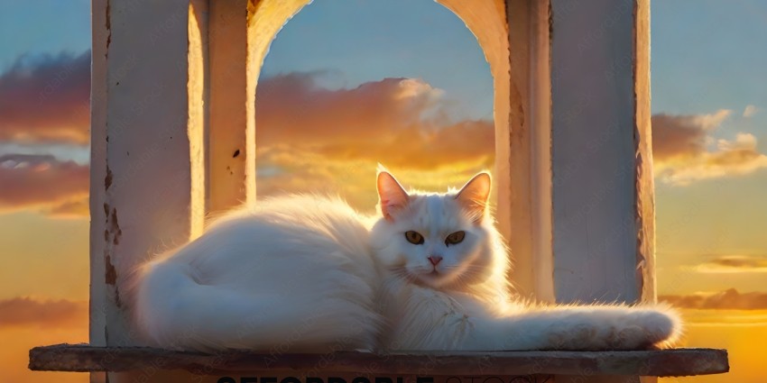 A white cat sitting on a ledge looking at the camera
