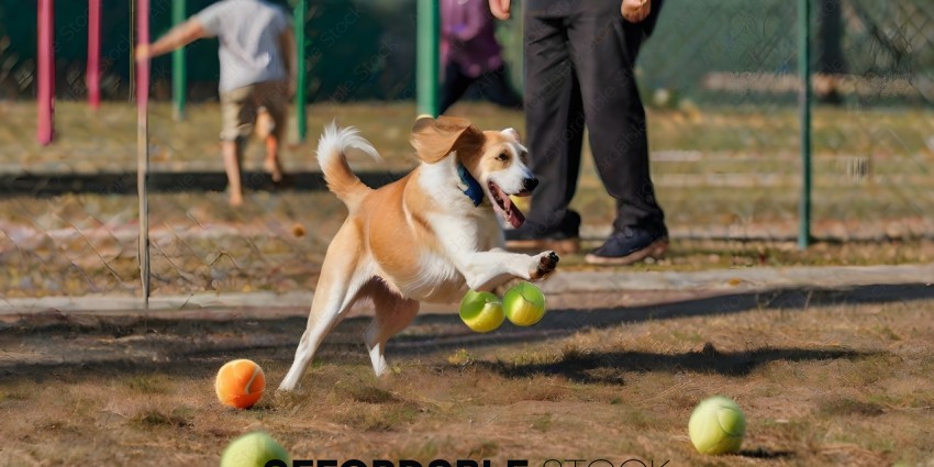 A dog catches a ball in its mouth