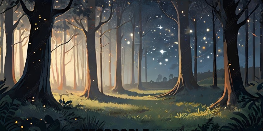 A forest at night with stars and a full moon