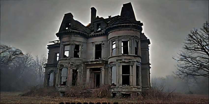A large, abandoned house with a lot of windows and a chimney