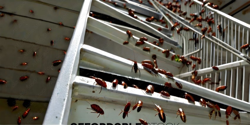 A large group of ants on a staircase