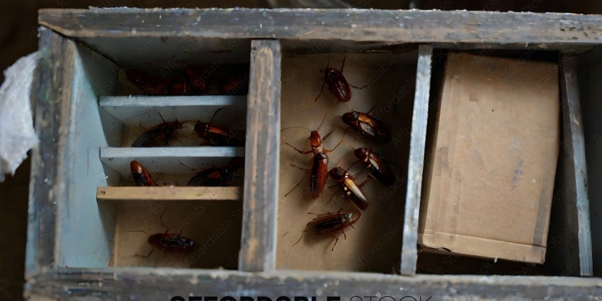 A group of cockroaches in a wooden box