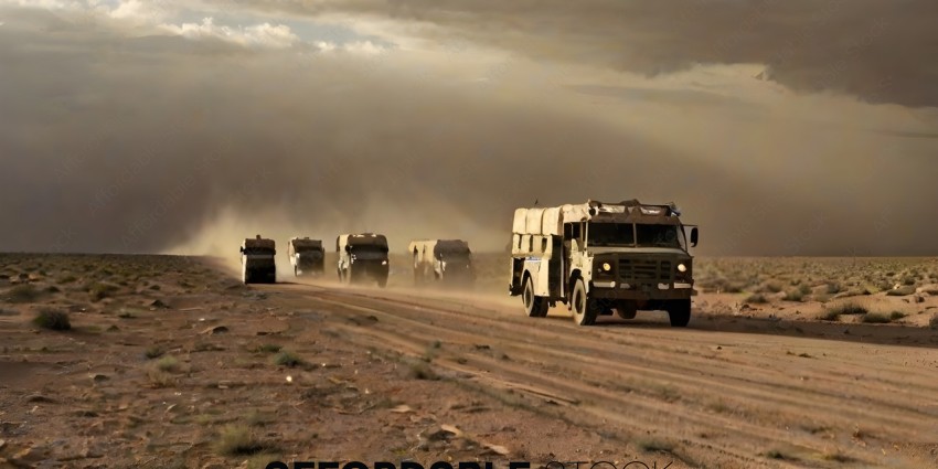 A group of military vehicles driving through a dusty desert