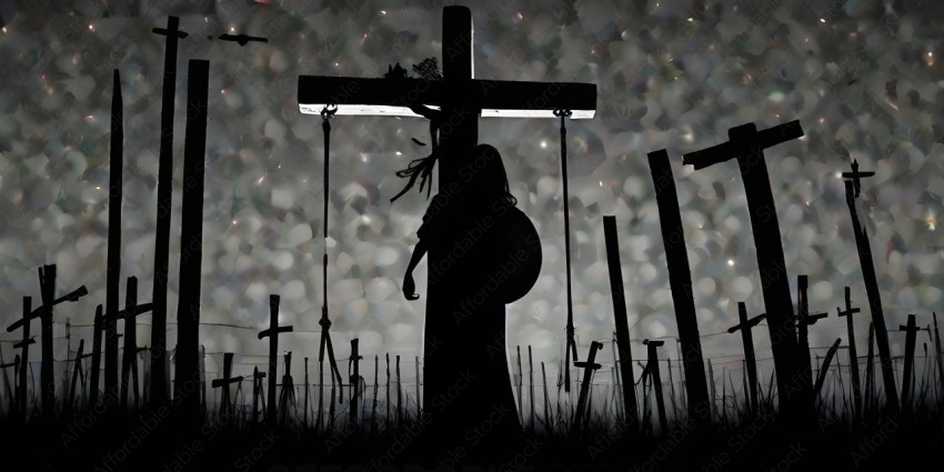 A person is hanging from a cross in a graveyard