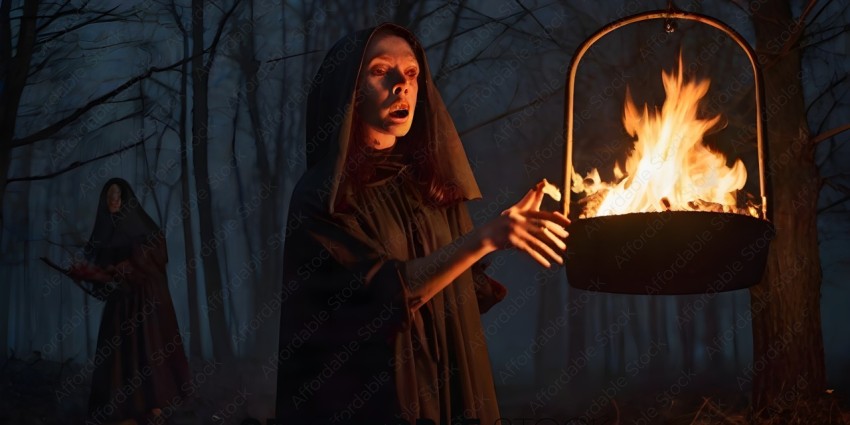 A woman in a black cloak holds a flaming cauldron