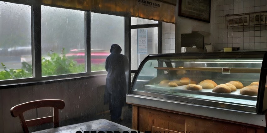 A person in a raincoat looking out the window of a bakery