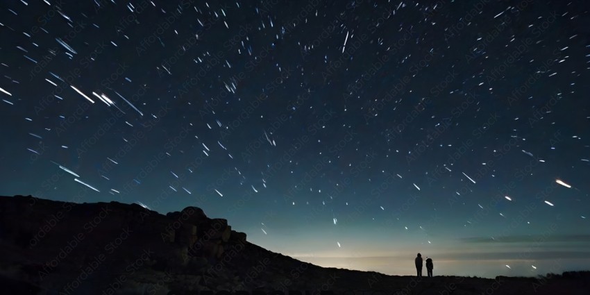 Two people standing on a mountain at night with stars