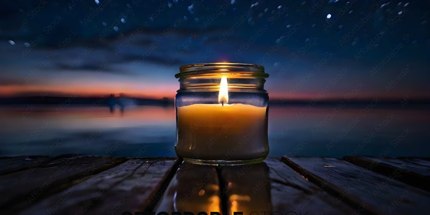 A candle in a jar on a wooden table
