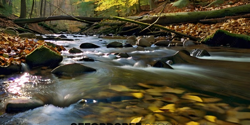 A river with rocks and leaves
