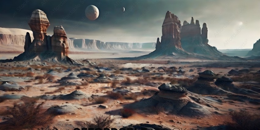 A barren landscape with a rock formation and a planet in the background