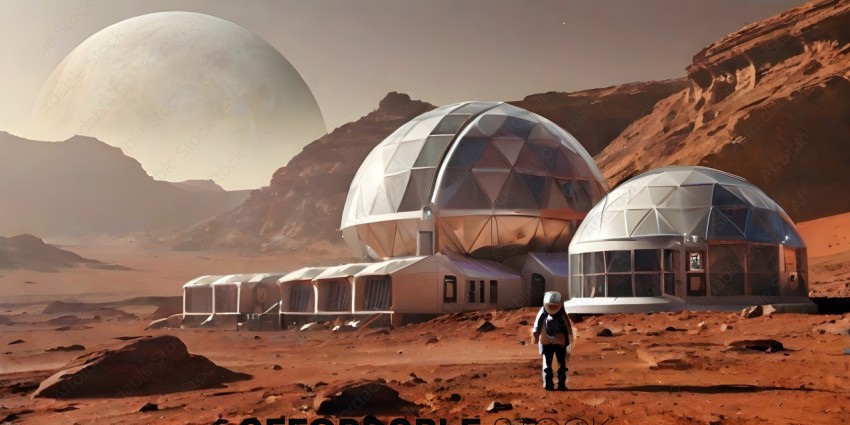 Astronaut standing in front of a large white dome on a barren planet