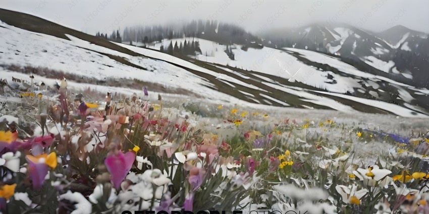 Snowy mountain with flowers