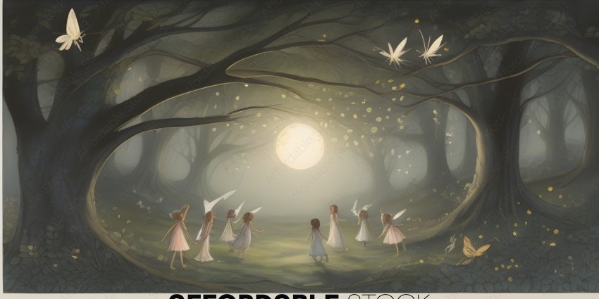 A group of fairies dance in a forest at sunset