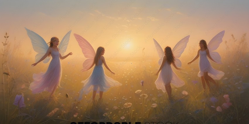 Three fairies in a field with flowers and a sunset