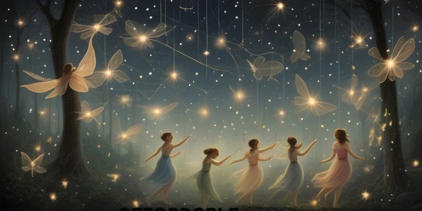 Four female dancers in a starry night scene
