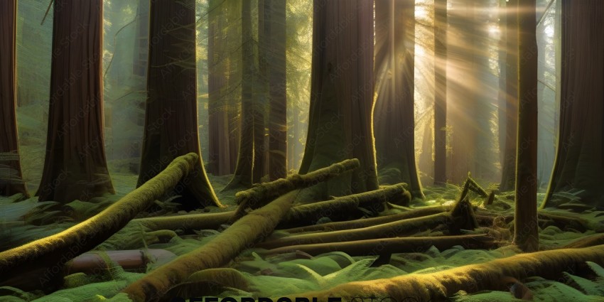 A forest with moss covered trees and a sunbeam