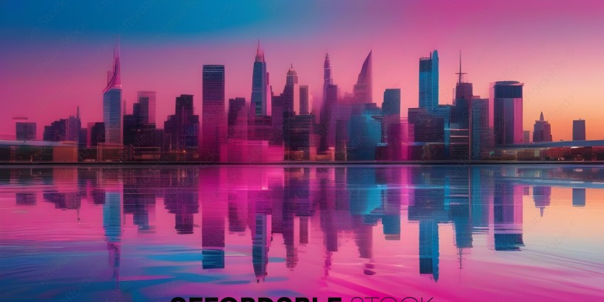 A cityscape with a pink sky and reflective water