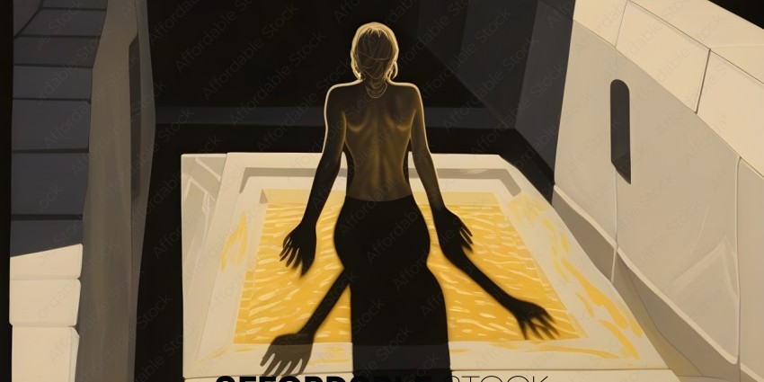A woman's shadow is cast on a yellow surface