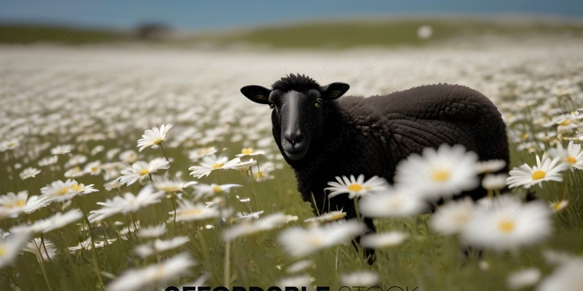 A black sheep standing in a field of flowers
