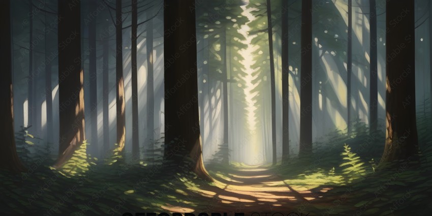 A forest pathway with sunlight streaming through the trees