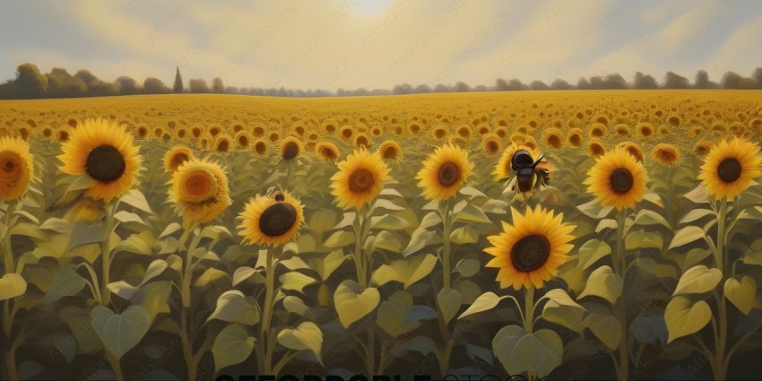 A painting of a field of sunflowers with a bee