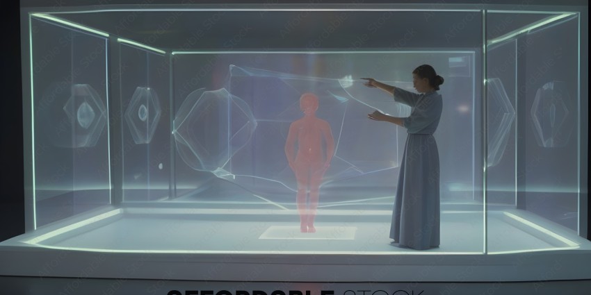 A woman points at a hologram of a person
