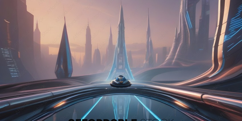 Futuristic Cityscape with a Space Ship and a Person