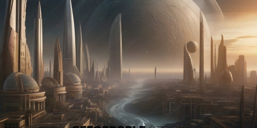 Ancient City with Large Buildings and a Planet in the Background
