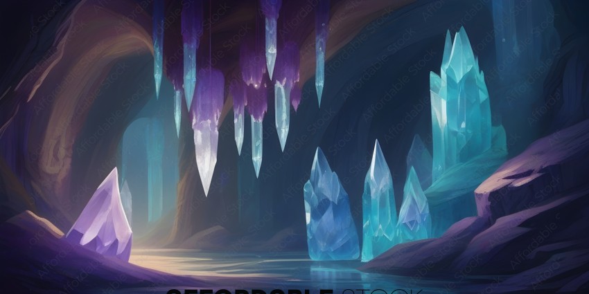 A fantasy world with purple and blue crystals