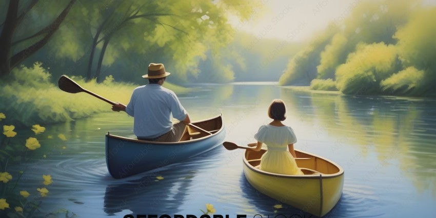 A man and a woman in a boat on a river
