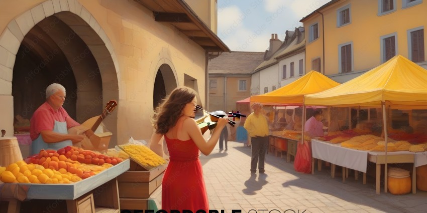 A woman in a red dress plays a violin in a marketplace