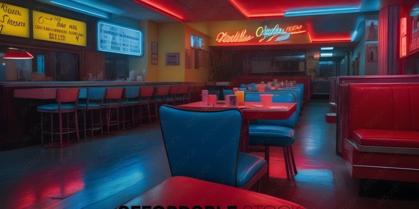 A neon-lit diner with empty tables