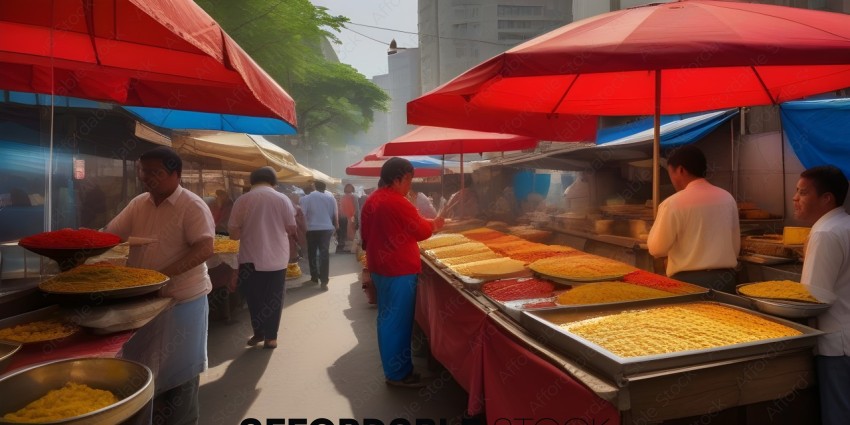 Man in Red Shirt at Food Market