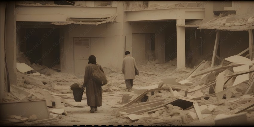 Two people walking through rubble