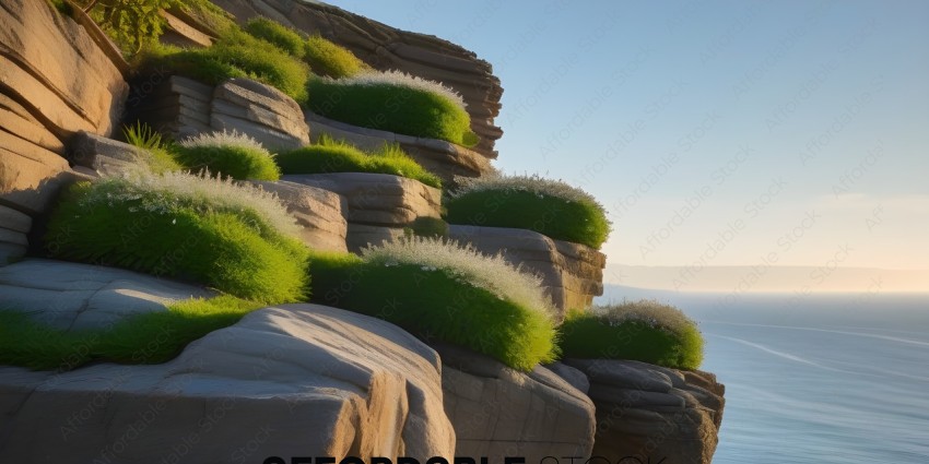 A rocky cliff with green and white flowers