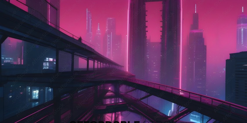 A futuristic cityscape with a bridge and skyscrapers