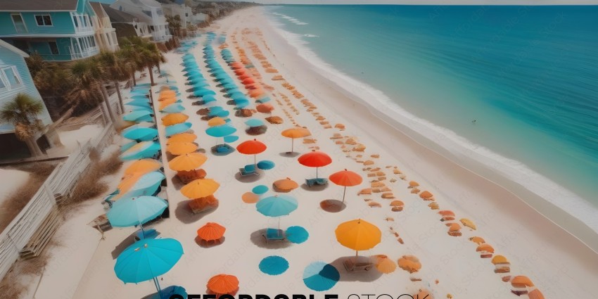 A beach scene with many colorful umbrellas