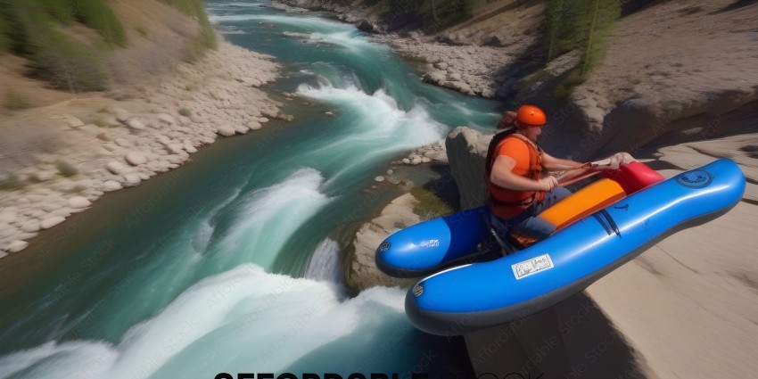 A man in an orange shirt is riding a blue raft