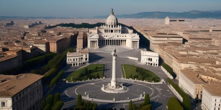 A view of the Vatican City with the Vatican palace and the obelisk in the foreground